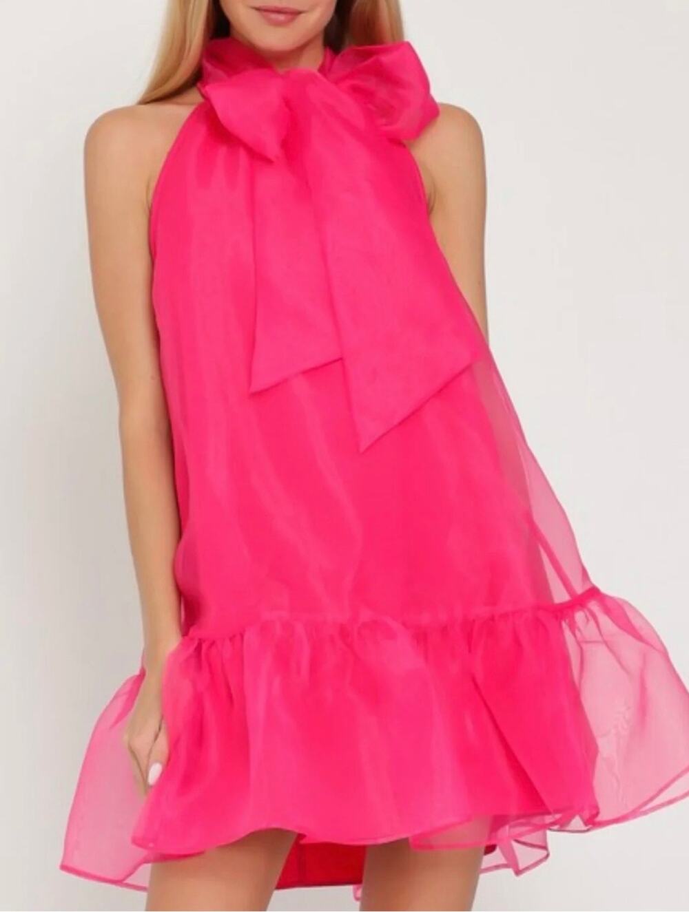 Maeve By Anthropologie Organza Bow Neck Hot Pink Mini Dress, Size XS